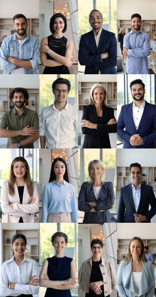 istock Group of businesspeople pose at workplace, collage view 2185099155