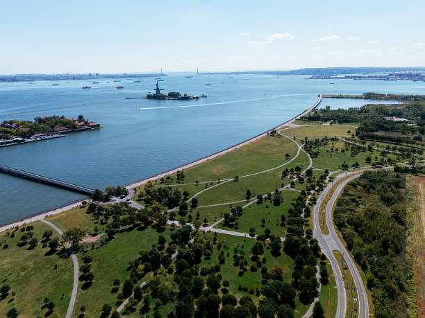 Lower Manhattan cityscape from Jersey liberty park.