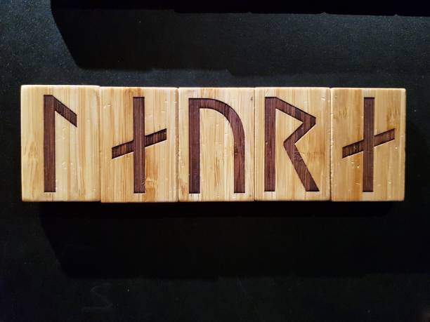 istock Laura written in runic characters engraved on wooden tablets. 2185106441