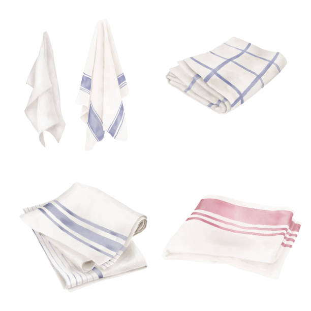 istock Hanging napkins and folded kitchen towels, set. Watercolor digital illustration. Cotton white towels, linen napkins and tablecloth isolated on white background. For cleaning, kitchen and food theme 2185110241