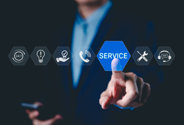 istock Service and Customer Support Concept. A professional pointing to a digital service icon, surrounded by customer support symbols like 24/7 availability, tools, and communication. Customer Service, 2185112727