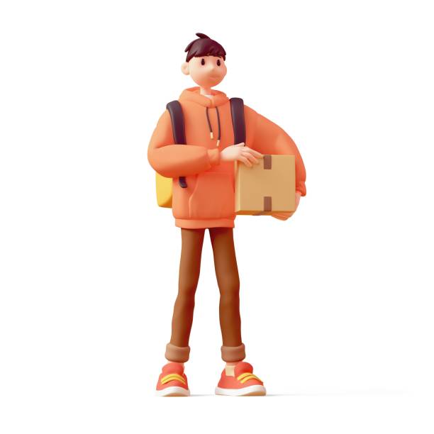 istock 3d render cute delivery guy stands with thermal backpack holds cardboard box. 2185112786
