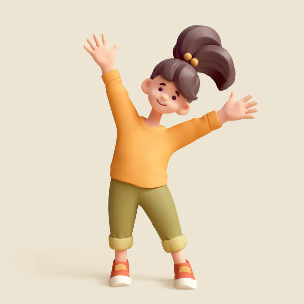 istock 3d render smiling child girl raises and waves both hands in greeting. 2185112971