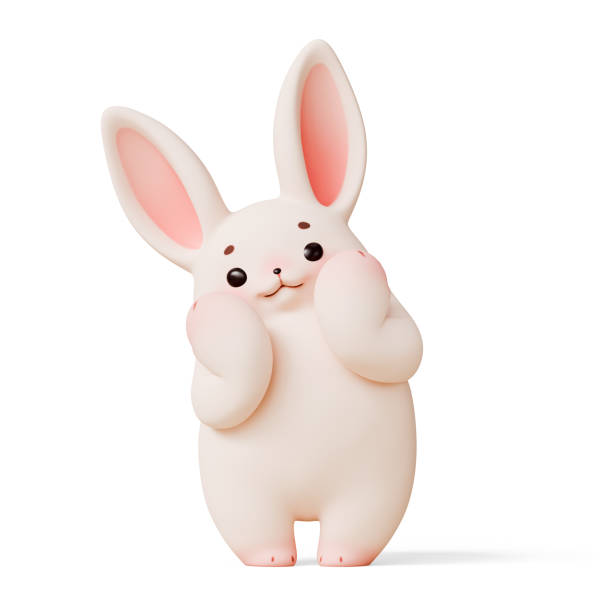 istock 3d render cute fluffy cartoon easter bunny in shy pose touching cheeks with palms. 2185112977