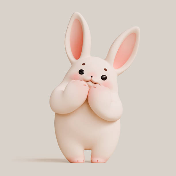 istock 3d render cute kawaii fluffy white Easter bunny  in shy pose touching chin with hands. 2185113392