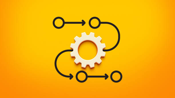 process diagram with 3d gear icon centered among sequential circular steps – 3d rendering. - continuidade imagens e fotografias de stock