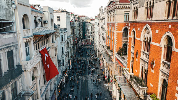 Drone photo of Istanbul’s Istiklal Avenue from above, capturing vibrant street life, historic architecture, and the bustling pedestrian scene along this iconic Turkish avenue. drone footage of istanbul’s bustling istiklal avenue from above, capturing historic architecture, vibrant crowds, and urban energy from an aerial perspective, aerial view of istanbul’s famous istiklal avenue, showcasing vibrant street life