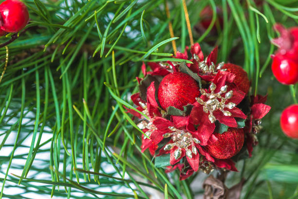 istock Christmas and New Year background with fir tree branch and red baubles 2185119607