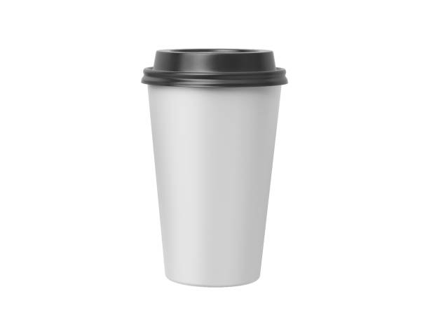 istock Blank paper white coffee cup with black lid mockup isolated on white background .3d rendering, 3D illustration 2185120462