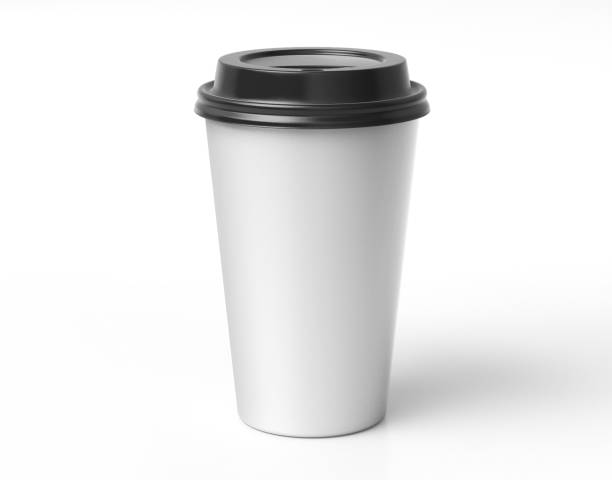 istock Blank paper white coffee cup with black lid mockup isolated on white background .3d rendering, 3D illustration 2185120464