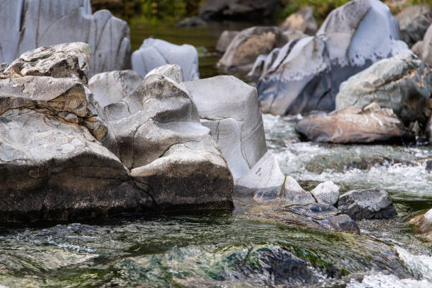 Water of a mountain stream flows over a rock and creates rapids. Solid as a rock.