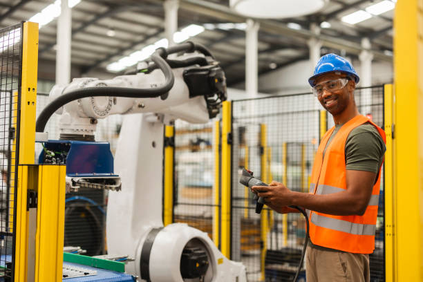 istock Smiling black engineer programming industrial robotic arm in modern factory 2185128145