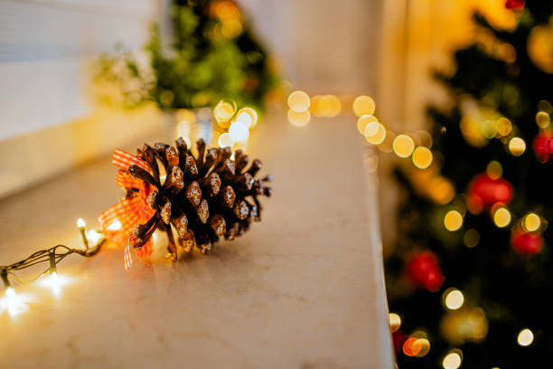 Beautifully decorated home for Christmas decorated with a \npinecone, lights and a Christmas tree in the background