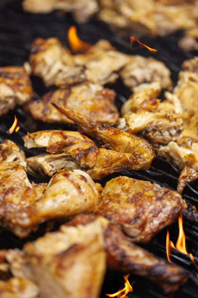 istock flame grilled chicken, bbq backgrounds, wings, thigh, leg, breast, drumsticks, on grill , 2185135387