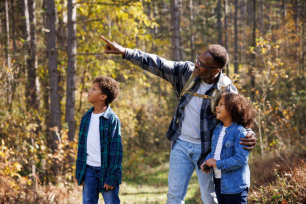 istock Father and his children enjoying nature and exploring the forest 2185137511