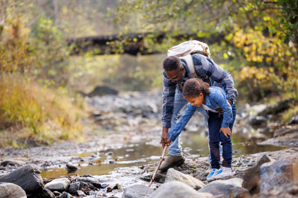 istock Father and his little daughter exploring nature, playing in stream with sticks 2185137743