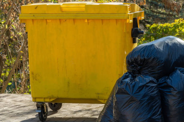 istock The yellow garbage bin is parked beside several black trash bags, surrounded by vibrant greenery, hinting at an afternoon of waste collection in the neighborhood 2185137998