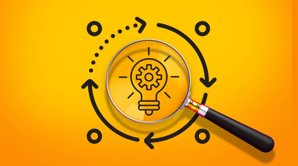 istock Magnifying glass, light bulb icon, gear symbol, circular arrows, dotted line, bright yellow background, innovation concept, problem-solving visualization, minimalist design, vector style. 3D render. 2185142817