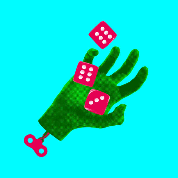 Green hand with wind-up key, juggling pink dice against bright turquoise background. Contemporary art collage. Chance, risk, and playful uncertainty. Concept of pop art design, creativity, imagination
