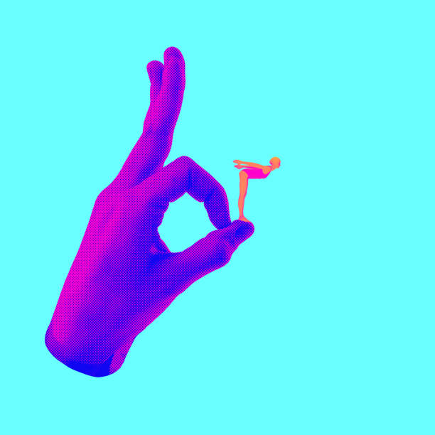 istock Purple hand holding tiny diver in diving pose on its finger against blue background. Contemporary art collage. 2185144534