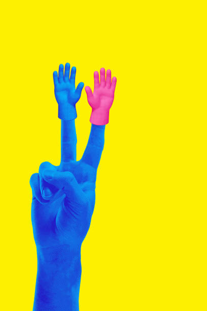 istock Blue hand making peace sign with small pink hands attached to each raised finger against bright yellow background. Contemporary art collage. 2185144542