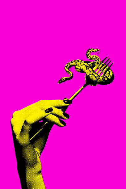 Yellow hand holding fork with small snake coiled on it, set against vivid pink background. Contemporary art collage.