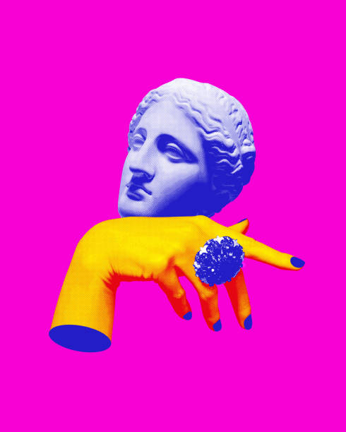 istock Yellow hand with classical sculpture head resting on it against bright pink background. Contemporary art collage. 2185144550