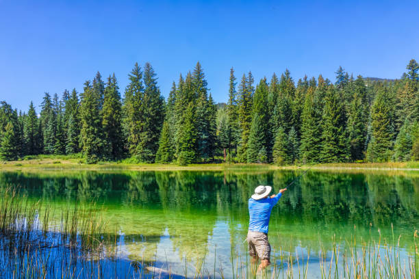 Eagle County Emerald Lake with coniferous trees and mirror sky reflection on water surface and man fishing with rod and reel inside