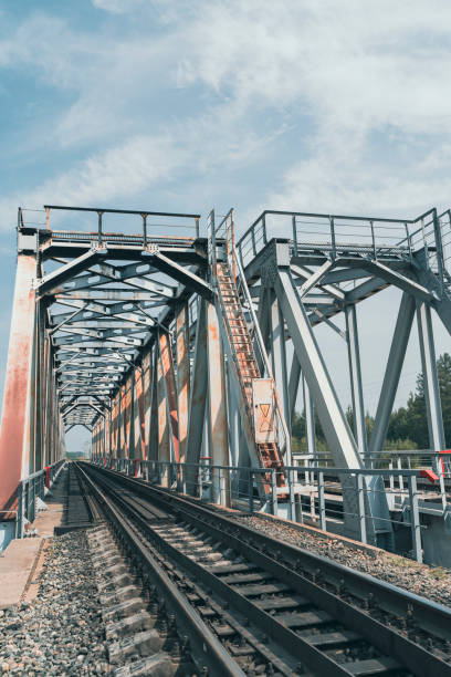 A perspective view of a railway track leading through a metal bridge. The bridge stands under a bright sky, surrounded by greenery. Industrial design contrasts with the natural landscape