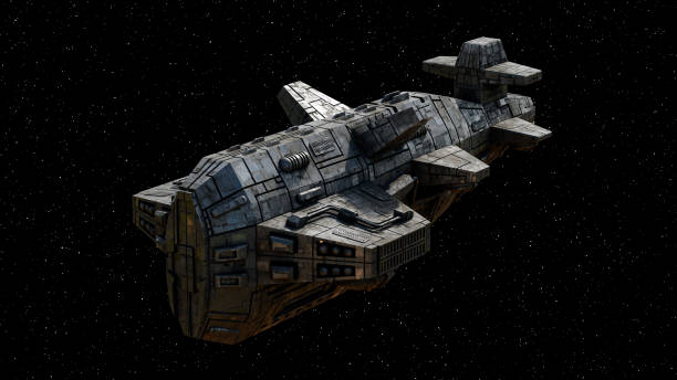 istock Futuristic spaceship in flight in outer space black background with stars 2185147570
