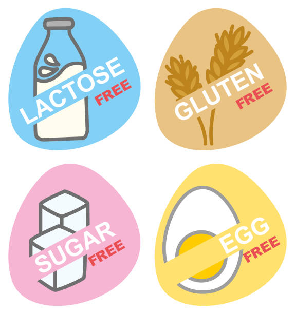 wektor zestaw ikon z laktozą, glutenem, jajkiem, bez cukru - bezlaktozowy stock illustrations