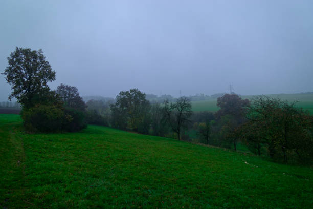 Fog outside the city on a cloudy autumn day in Bavaria.