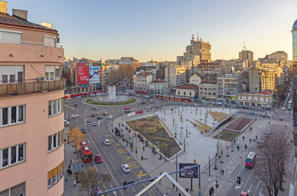 Belgrade, Serbia - February 18, 2022: Aerial View of Traffic at Slavia Roundabout Square Cold Winter Afternoon in Capital City Centre.