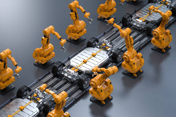 istock Robot assembly line with ev car battery on undercarriage platform 2185162536