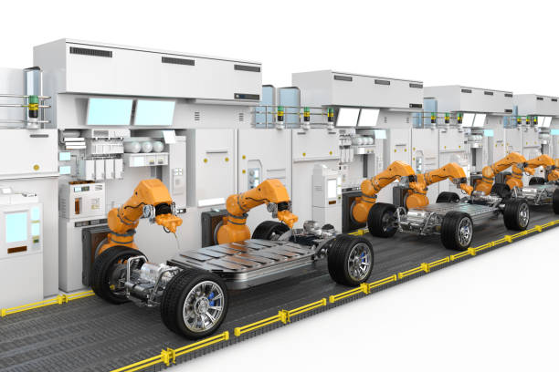 istock Robot assembly line with ev car battery on undercarriage platform 2185162537