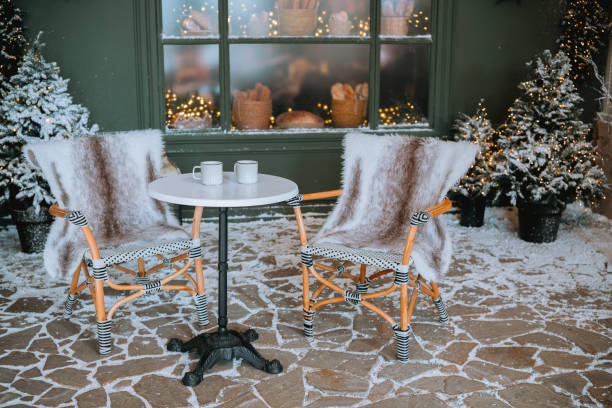 Cozy winter seating area with fur throws and warm drinks in a snowy location