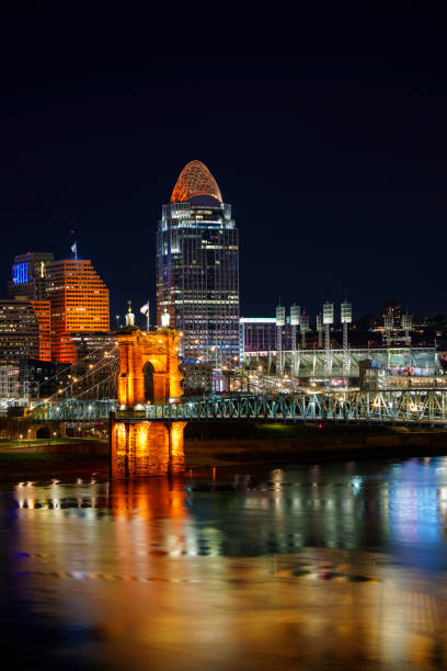 Cincinnati City Skyline Nightscape over the Ohio River with Roebling Suspension Bridge with light reflections on the water in Kentucky, USA
