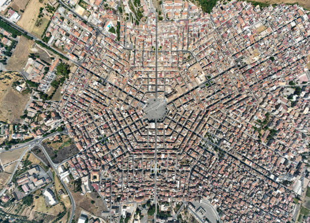 Aerial view of Grammichele, a small town in Sicily, Italy with a hexagonal town square.