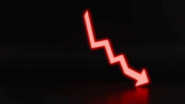 istock 3D glowing red downward arrow, representing fall and decline 2185170554