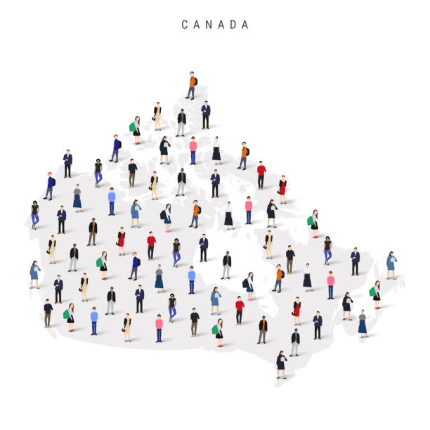 Canada population map. Large group of realistic a diverse crowd of people figures in a shape of Canadian map. Flat vector illustration isolated on white.