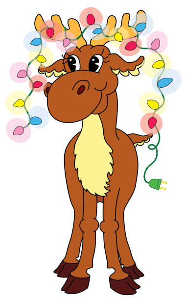 istock a happy cartoon moose with antlers with a shiny Christmas garland hanging from them 2185181290