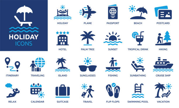 Holiday icon set Containing vacation, plane, passport, hotel, palm tree, travel, beach, sunset, island and more. Solid vector icons collection. travel stock illustrations