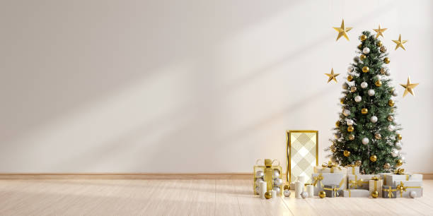istock Christmas tree is surrounded by many presents, and the room is empty except for the tree- 3D rendering 2185182419