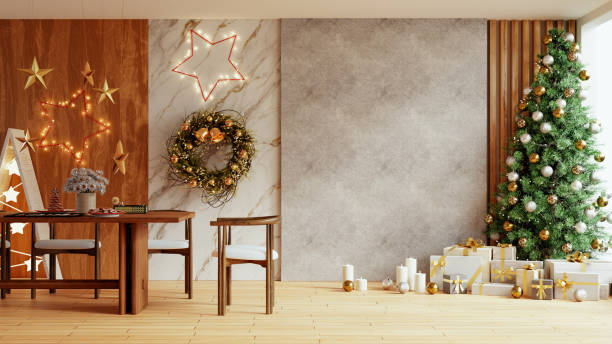 istock Dining room decorated for Christmas with a large tree, a wreath, and a star on the wall- 3D rendering 2185182444