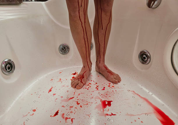 istock Female legs with blood in shower. Menstruation concept 2185183613