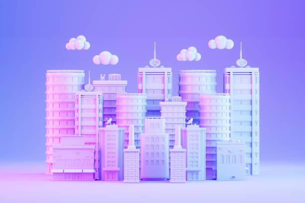 Smart city, futuristic cityscape with neon lighting. Digitally generated image. 3d render.