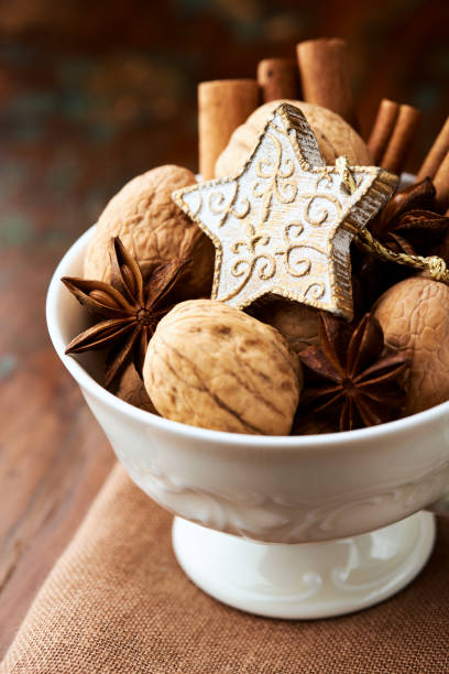 Christmas decoration on rustic wooden background. Close up.