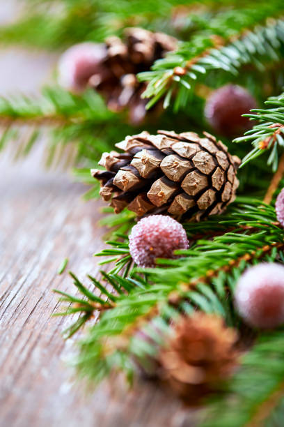 Christmas decoration on rustic wooden background. Close up.