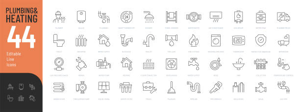 stockillustraties, clipart, cartoons en iconen met plumbing and heating line editable icons set. - verwarming