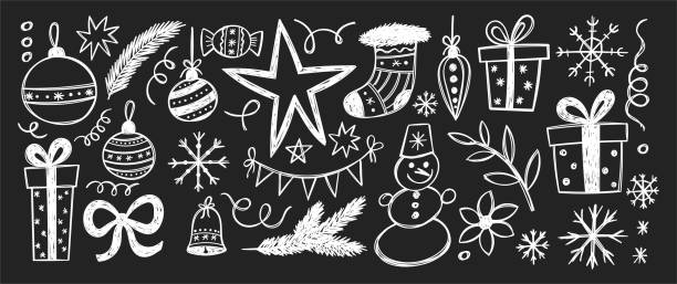 istock Set of Christmas doodles of star, present box, snowman, snowflake with chalk texture. Hand drawn white vector illustration on a blackboard. 2185192815
